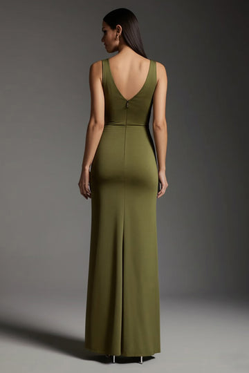 Olive V-Neck Sheath Maxi Formal Dress With Slit